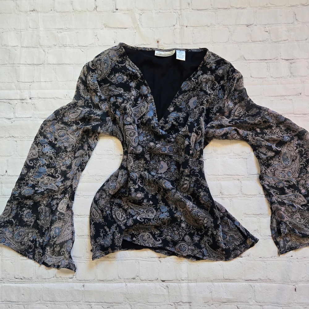 Y2k babydoll 100% Silk Paisley fairy Blouse Bell Sleeve Blue M cottagecore